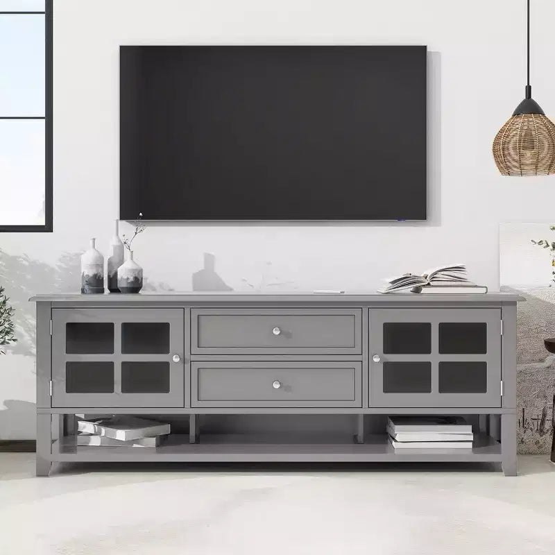 Meuble TV moderne avec portes et tiroirs pour téléviseur 60 pouces, table de centre de divertissement en bois avec étagères pour salon