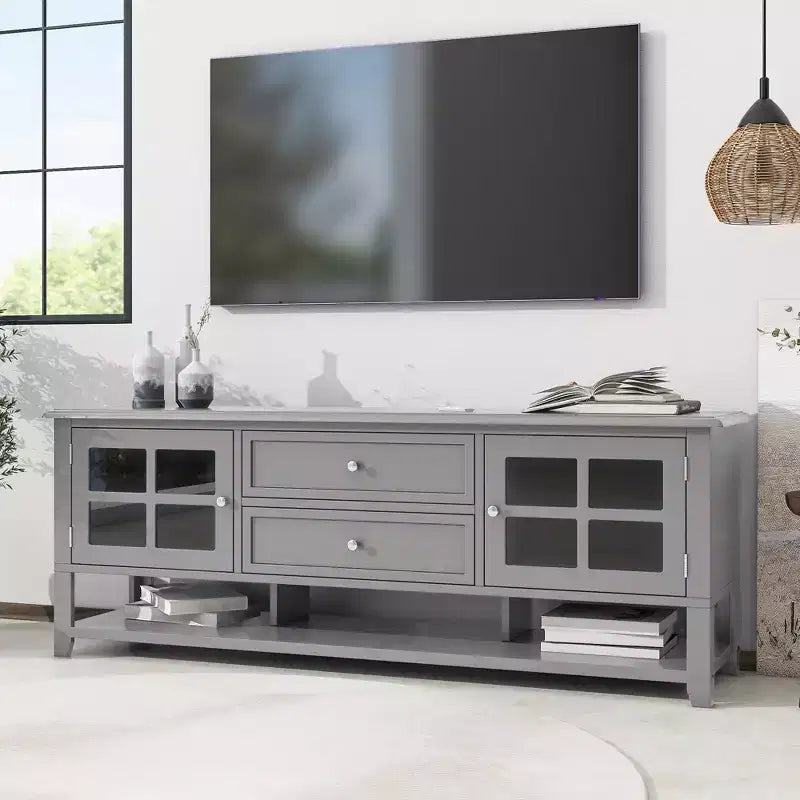 Meuble TV moderne avec portes et tiroirs pour téléviseur 60 pouces, table de centre de divertissement en bois avec étagères pour salon