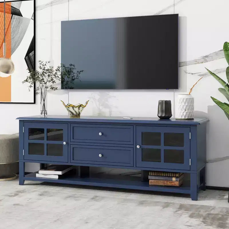 Meuble TV moderne avec portes et tiroirs pour téléviseur 60 pouces, table de centre de divertissement en bois avec étagères pour salon