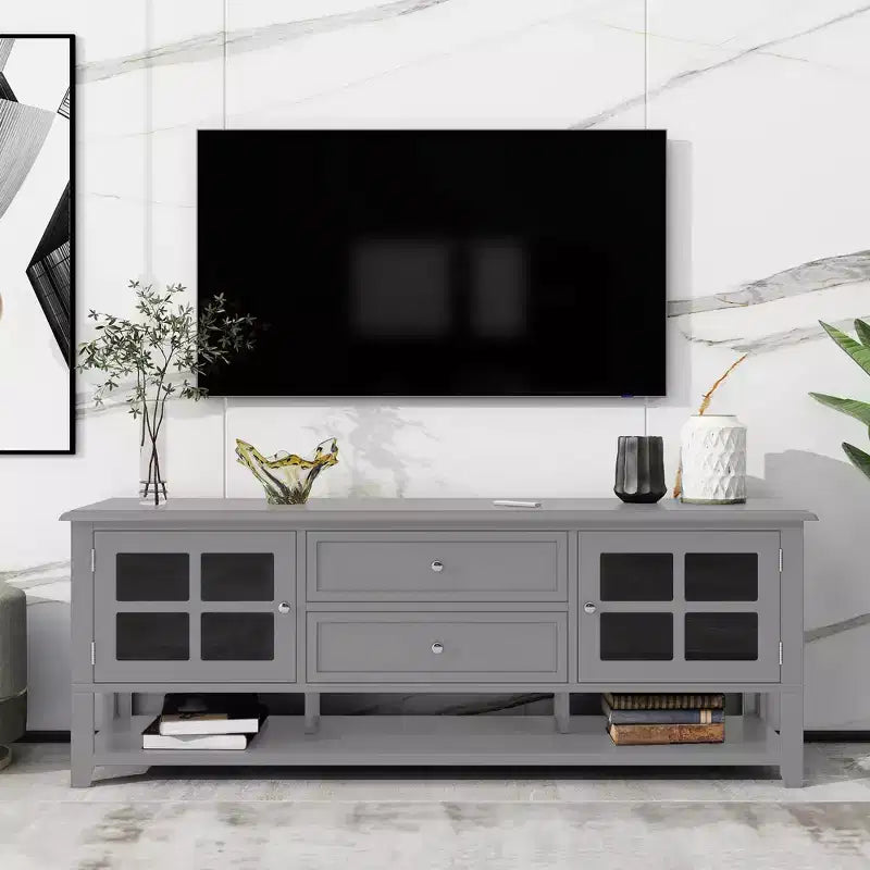 Meuble TV moderne avec portes et tiroirs pour téléviseur 60 pouces, table de centre de divertissement en bois avec étagères pour salon
