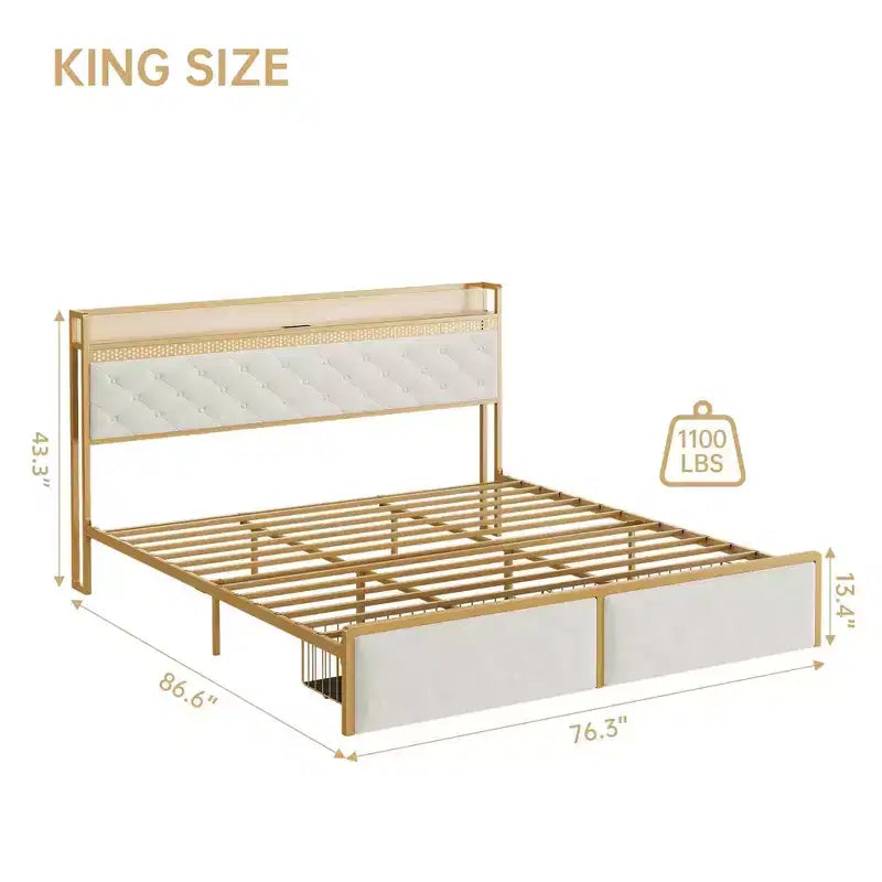 Cadre de lit avec 2 tiroirs de rangement, cadre de lit LED avec tête de lit de rangement et station de charge, cadre de lit plateforme en métal, pas besoin de sommier tapissier, sans bruit