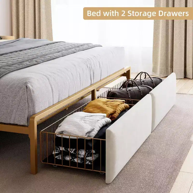 Cadre de lit avec 2 tiroirs de rangement, cadre de lit LED avec tête de lit de rangement et station de charge, cadre de lit plateforme en métal, pas besoin de sommier tapissier, sans bruit