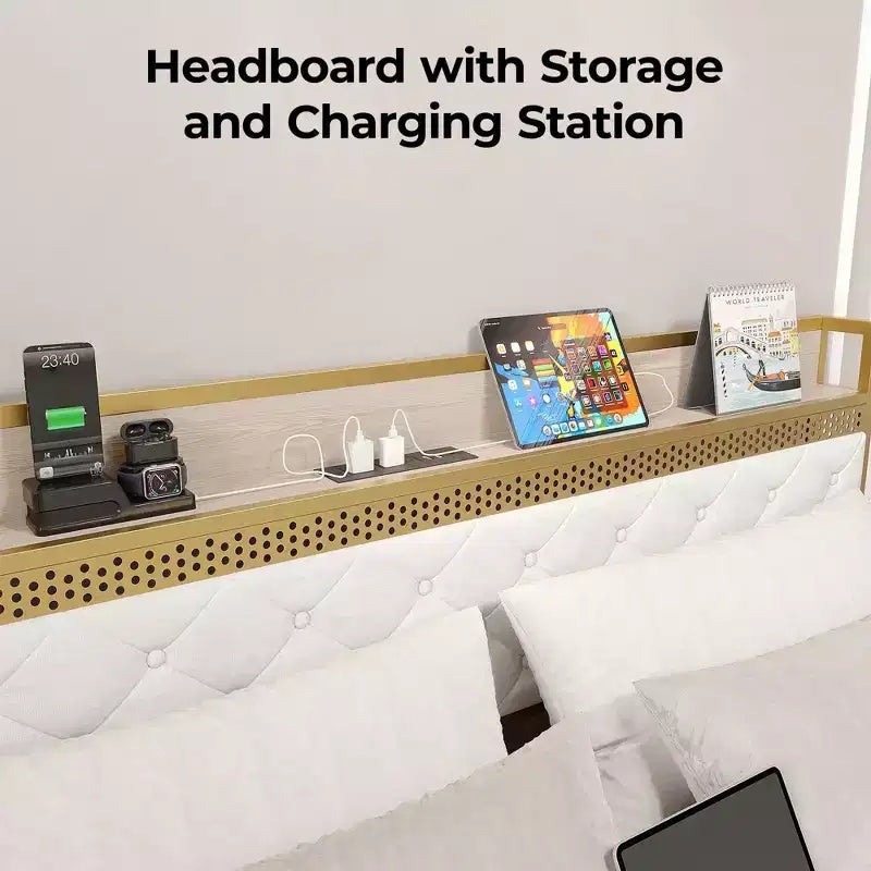 Cadre de lit avec 2 tiroirs de rangement, cadre de lit LED avec tête de lit de rangement et station de charge, cadre de lit plateforme en métal, pas besoin de sommier tapissier, sans bruit