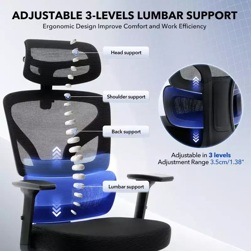 Chaise de bureau ergonomique GustoWave avec support lombaire réglable, chaise de bureau à dossier haut en maille, fauteuil de bureau pivotant à roulettes pour la maison/le bureau