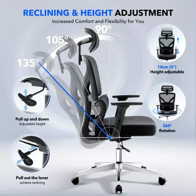 Chaise de bureau ergonomique GustoWave avec support lombaire réglable, chaise de bureau à dossier haut en maille, fauteuil de bureau pivotant à roulettes pour la maison/le bureau