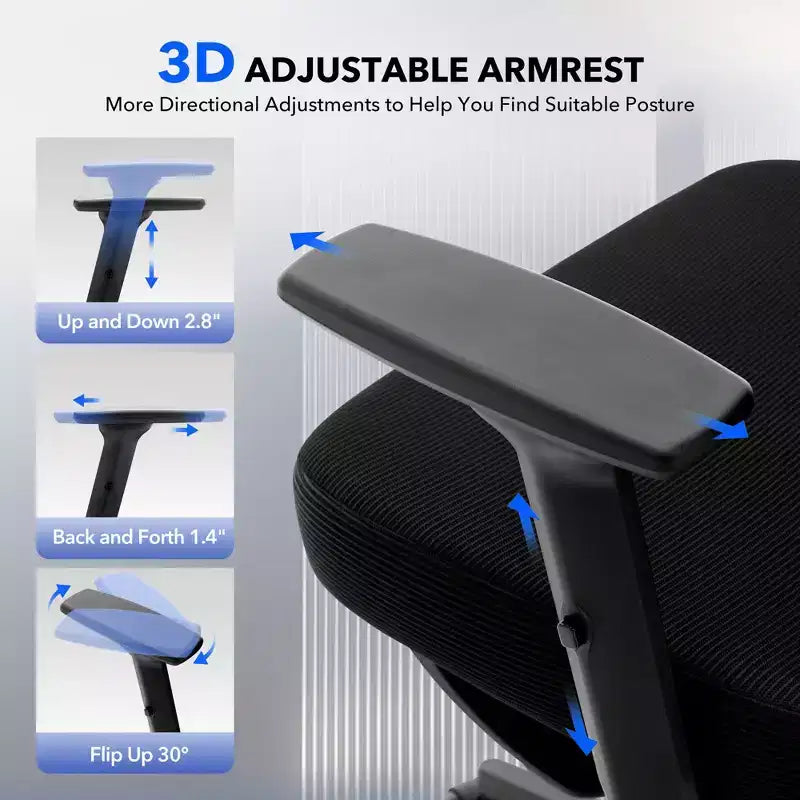 Chaise de bureau ergonomique GustoWave avec support lombaire réglable, chaise de bureau à dossier haut en maille, fauteuil de bureau pivotant à roulettes pour la maison/le bureau