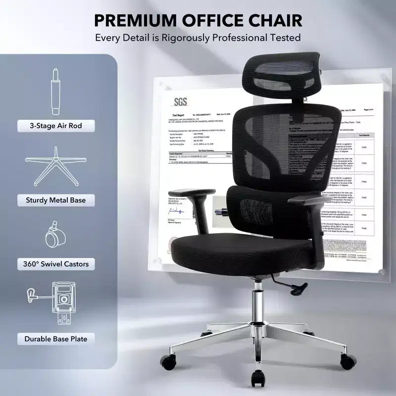 Chaise de bureau ergonomique GustoWave avec support lombaire réglable, chaise de bureau à dossier haut en maille, fauteuil de bureau pivotant à roulettes pour la maison/le bureau