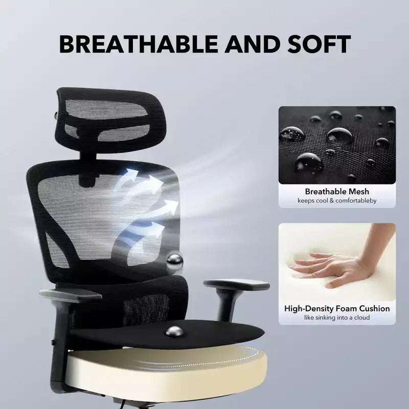 Chaise de bureau ergonomique GustoWave avec support lombaire réglable, chaise de bureau à dossier haut en maille, fauteuil de bureau pivotant à roulettes pour la maison/le bureau