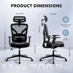 Chaise de bureau ergonomique GustoWave avec support lombaire réglable, chaise de bureau à dossier haut en maille, fauteuil de bureau pivotant à roulettes pour la maison/le bureau
