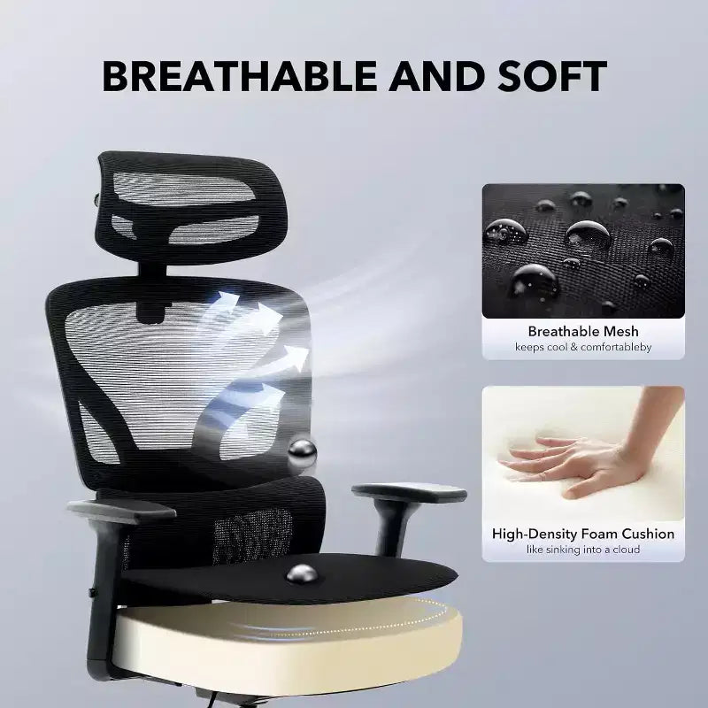 Chaise de bureau ergonomique GustoWave avec support lombaire réglable, chaise de bureau à dossier haut en maille, fauteuil de bureau pivotant à roulettes pour la maison/le bureau