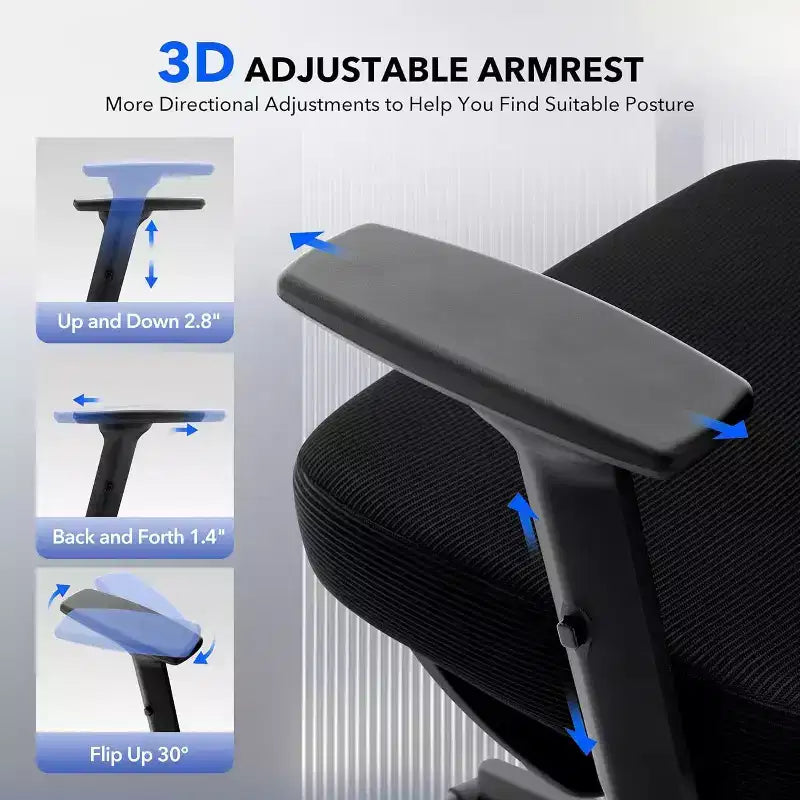 Chaise de bureau ergonomique GustoWave avec support lombaire réglable, chaise de bureau à dossier haut en maille, fauteuil de bureau pivotant à roulettes pour la maison/le bureau