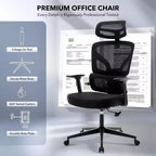 Chaise de bureau ergonomique GustoWave avec support lombaire réglable, chaise de bureau à dossier haut en maille, fauteuil de bureau pivotant à roulettes pour la maison/le bureau