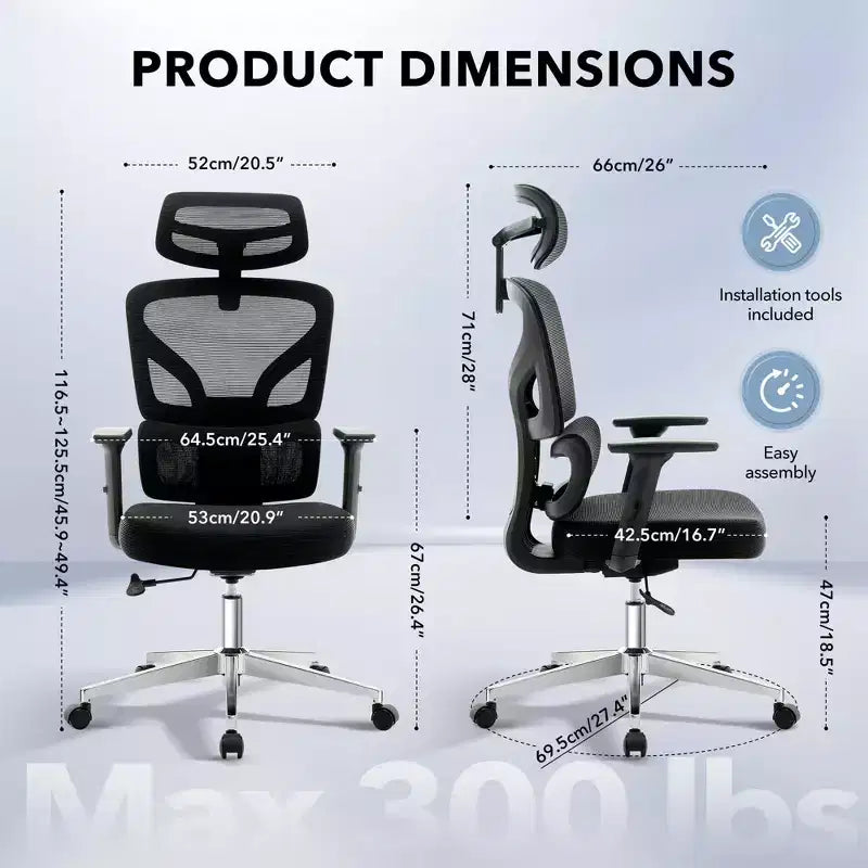 Chaise de bureau ergonomique GustoWave avec support lombaire réglable, chaise de bureau à dossier haut en maille, fauteuil de bureau pivotant à roulettes pour la maison/le bureau