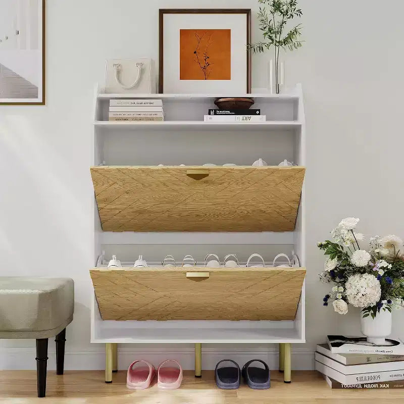 Narrow Shoe Cabinet with 2/3 Drawers, Slim Freestanding Shoe Storage Organizer with Wood Grain & White Finish, Hidden Entryway Rack with Top Shelf
