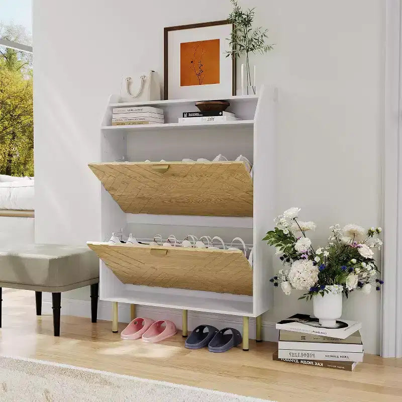 Meuble à chaussures étroit avec 2/3 tiroirs, Organisateur de rangement de chaussures autoportant mince avec finition grain de bois et blanc, Étagère d'entrée cachée avec étagère supérieure