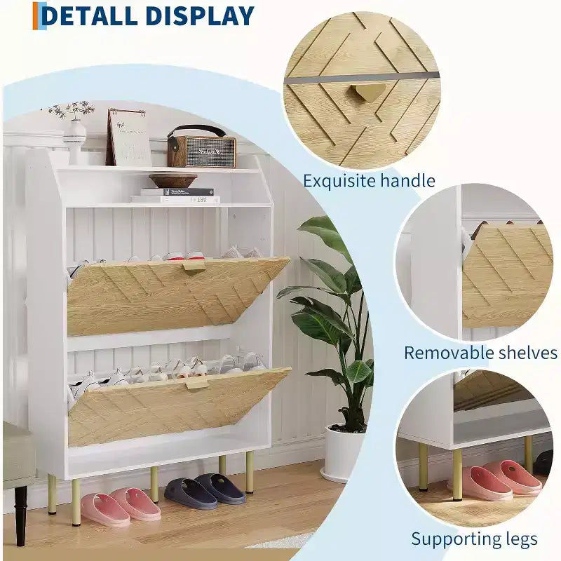 Meuble à chaussures étroit avec 2/3 tiroirs, Organisateur de rangement de chaussures autoportant mince avec finition grain de bois et blanc, Étagère d'entrée cachée avec étagère supérieure