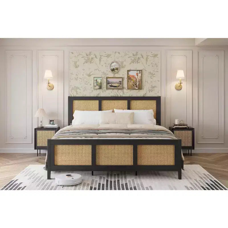 Cadre de lit en rotin avec tête de lit, cadre de lit plateforme en canne de style bohème avec sommier métallique solide, silencieux, aucun sommier tapissier requis.