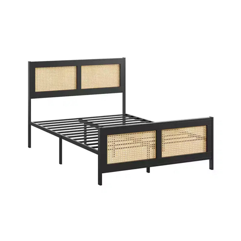 Cadre de lit en rotin avec tête de lit, cadre de lit plateforme en canne de style bohème avec sommier métallique solide, silencieux, aucun sommier tapissier requis.