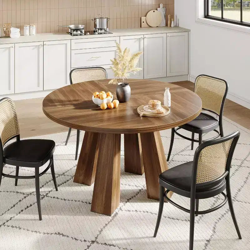 Table à manger ronde pour 4-6 personnes, table de cuisine en bois de 120 cm avec piédestal robuste pour salon, appartement