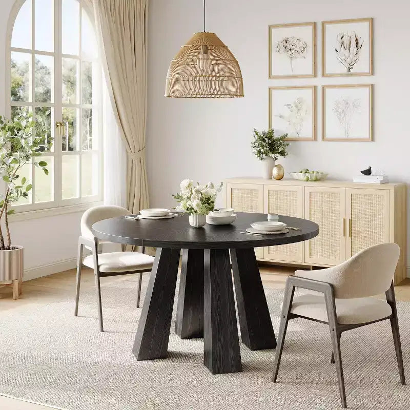 Table à manger ronde pour 4-6 personnes, table de cuisine en bois de 120 cm avec piédestal robuste pour salon, appartement