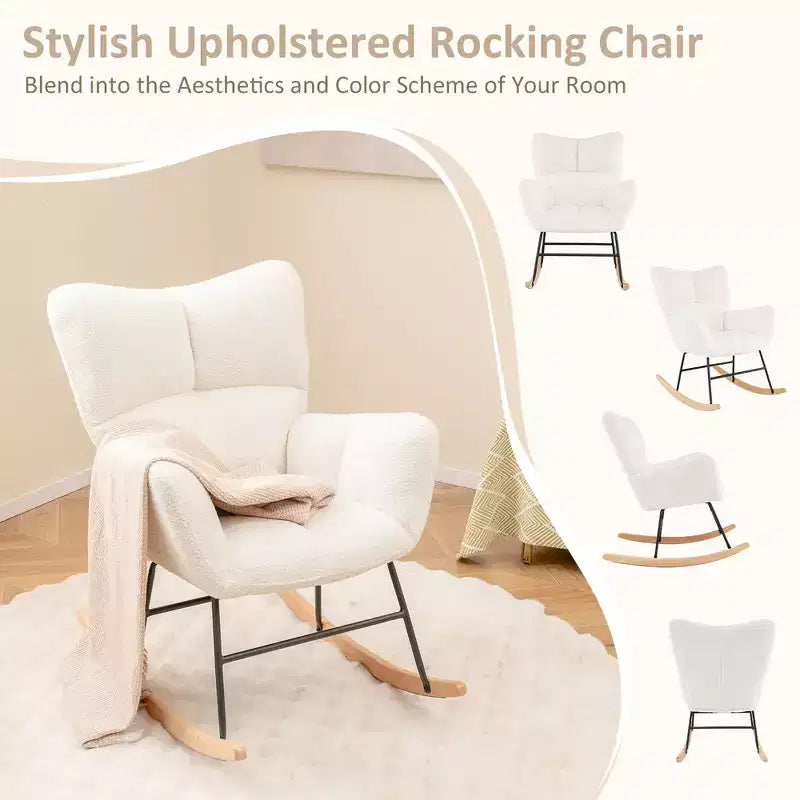 Fauteuil à bascule de puériculture Costway avec dossier et accoudoirs confortables, base en bois massif pour salon