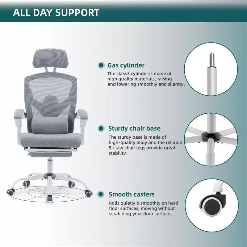 TUYOHW Chaise de bureau en maille pivotante à roulettes avec repose-pieds rétractable, chaise de gamer avec coussin de soutien lombaire pour le bureau