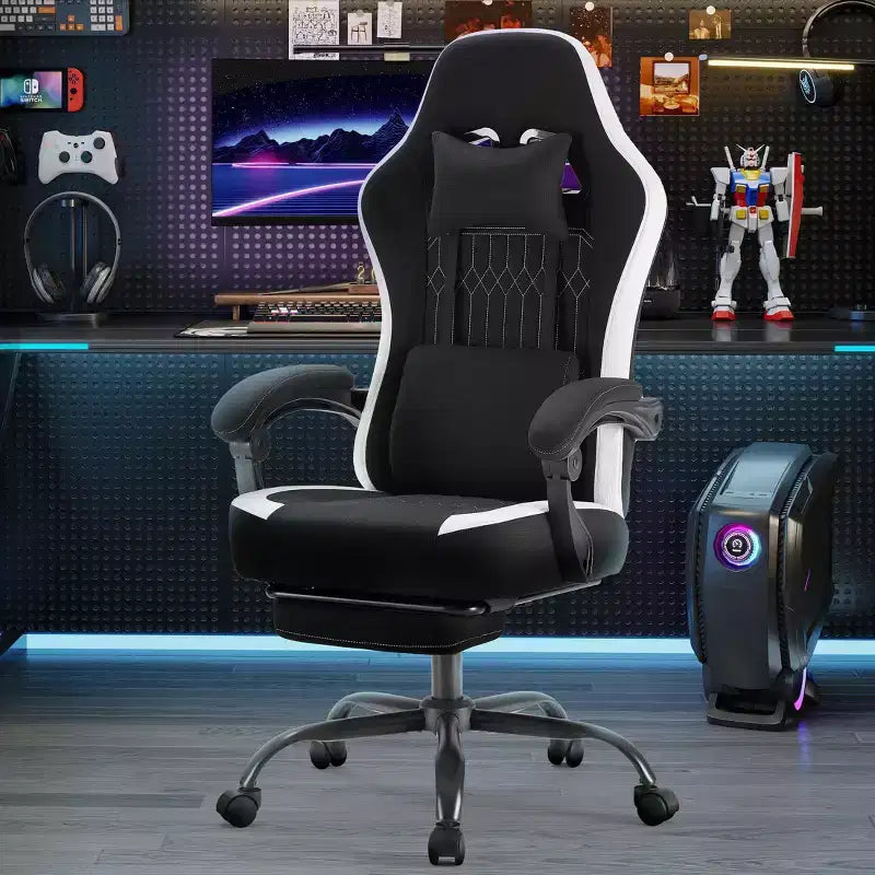 TUYOHW Fauteuil de bureau en microfibre pivotant à roulettes, avec appui-tête et coussin lombaire amovibles, chaise de jeu pour bureau