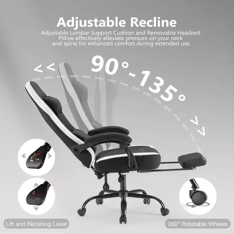 TUYOHW Fauteuil de bureau en microfibre pivotant à roulettes, avec appui-tête et coussin lombaire amovibles, chaise de jeu pour bureau