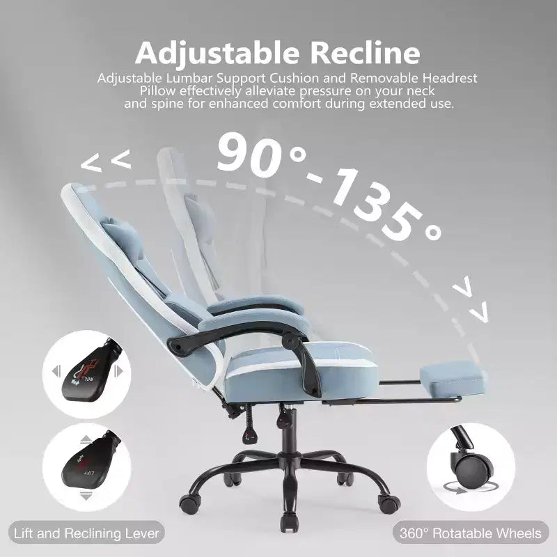TUYOHW Fauteuil de bureau en microfibre pivotant à roulettes, avec appui-tête et coussin lombaire amovibles, chaise de jeu pour bureau