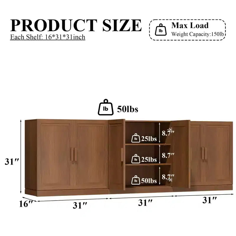 Buffet de rangement à 3 portes en bois avec étagères réglables - 93 x 31 po (L x H)