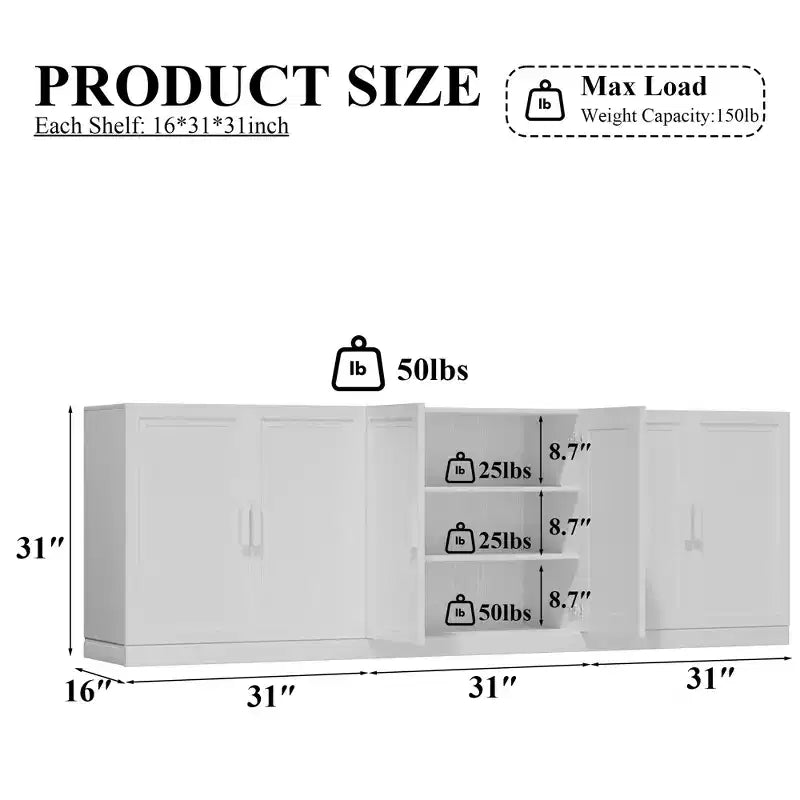 Buffet de rangement à 3 portes en bois avec étagères réglables - 93 x 31 po (L x H)