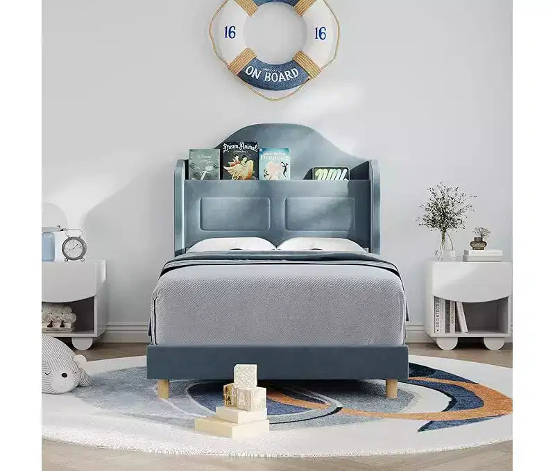 Cadre de lit double avec tête de lit de rangement, tête de lit et pied de lit rembourrés à oreilles, lattes métalliques silencieuses, assemblage facile