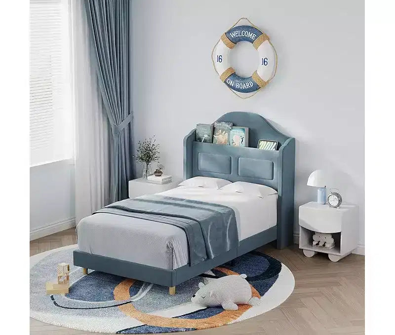 Cadre de lit double avec tête de lit de rangement, tête de lit et pied de lit rembourrés à oreilles, lattes métalliques silencieuses, assemblage facile