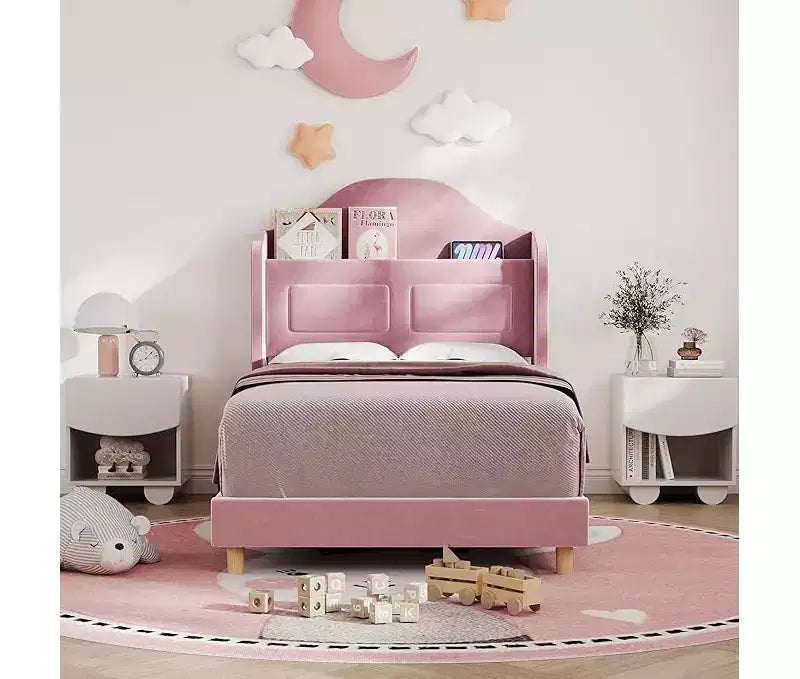 Cadre de lit double avec tête de lit de rangement, tête de lit et pied de lit rembourrés à oreilles, lattes métalliques silencieuses, assemblage facile