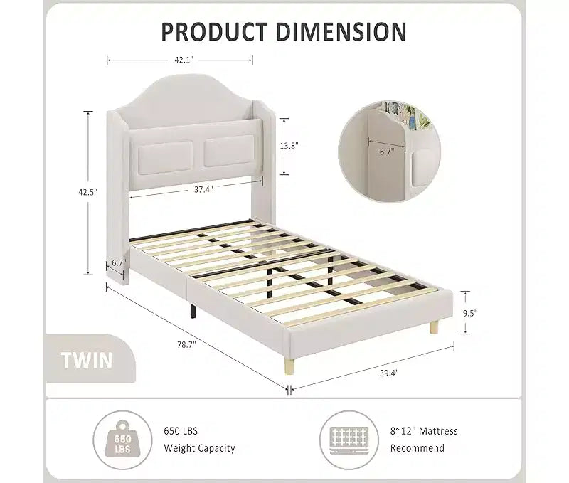 Cadre de lit double avec tête de lit de rangement, tête de lit et pied de lit rembourrés à oreilles, lattes métalliques silencieuses, assemblage facile