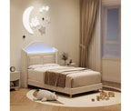 Cadre de lit double avec tête de lit de rangement, tête de lit et pied de lit rembourrés à oreilles, lattes métalliques silencieuses, assemblage facile