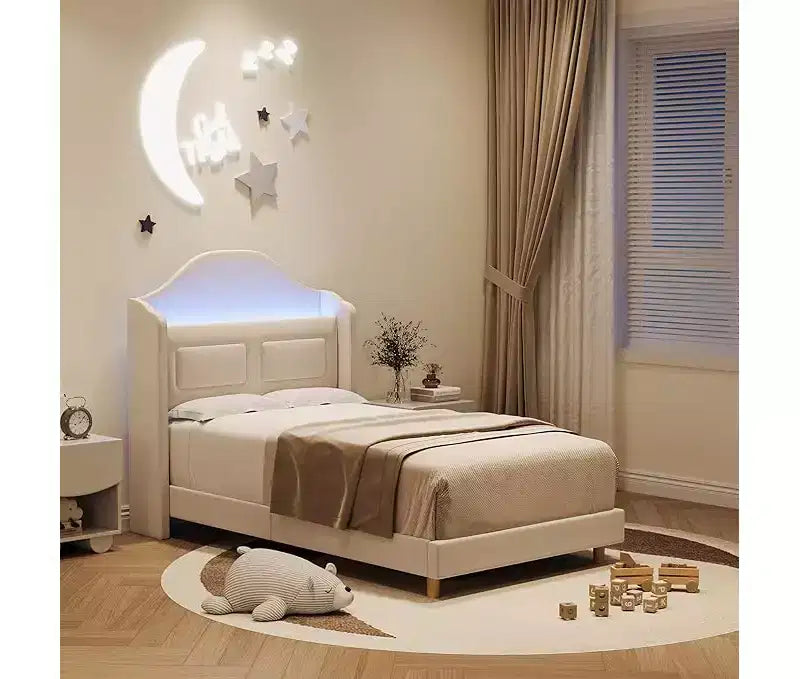 Cadre de lit double avec tête de lit de rangement, tête de lit et pied de lit rembourrés à oreilles, lattes métalliques silencieuses, assemblage facile