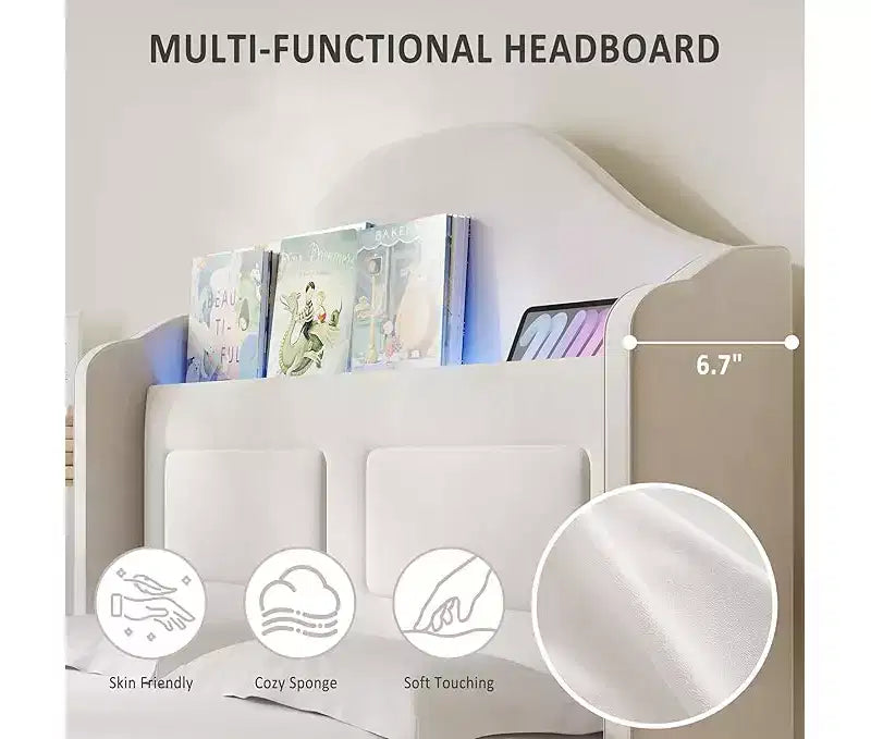Cadre de lit double avec tête de lit de rangement, tête de lit et pied de lit rembourrés à oreilles, lattes métalliques silencieuses, assemblage facile