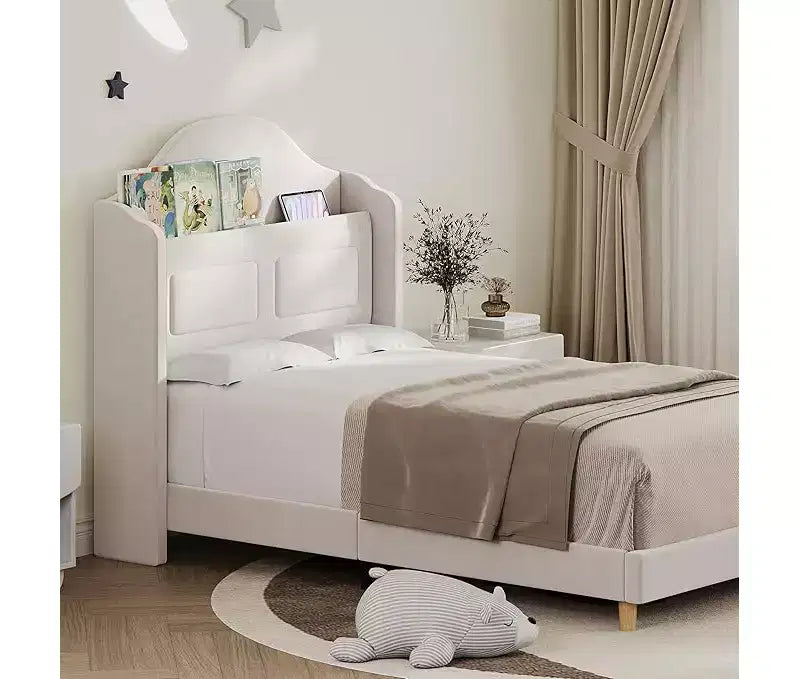 Cadre de lit double avec tête de lit de rangement, tête de lit et pied de lit rembourrés à oreilles, lattes métalliques silencieuses, assemblage facile