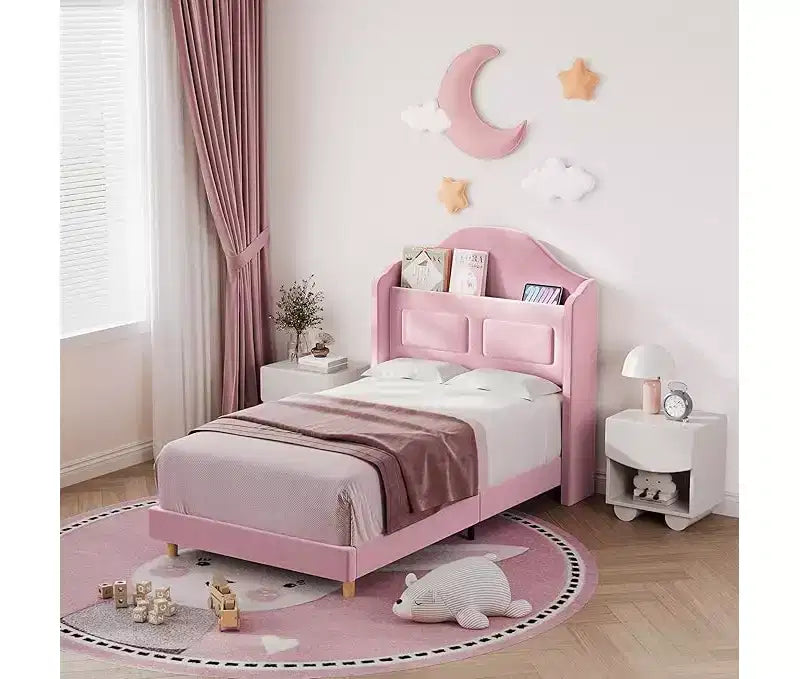 Cadre de lit double avec tête de lit de rangement, tête de lit et pied de lit rembourrés à oreilles, lattes métalliques silencieuses, assemblage facile