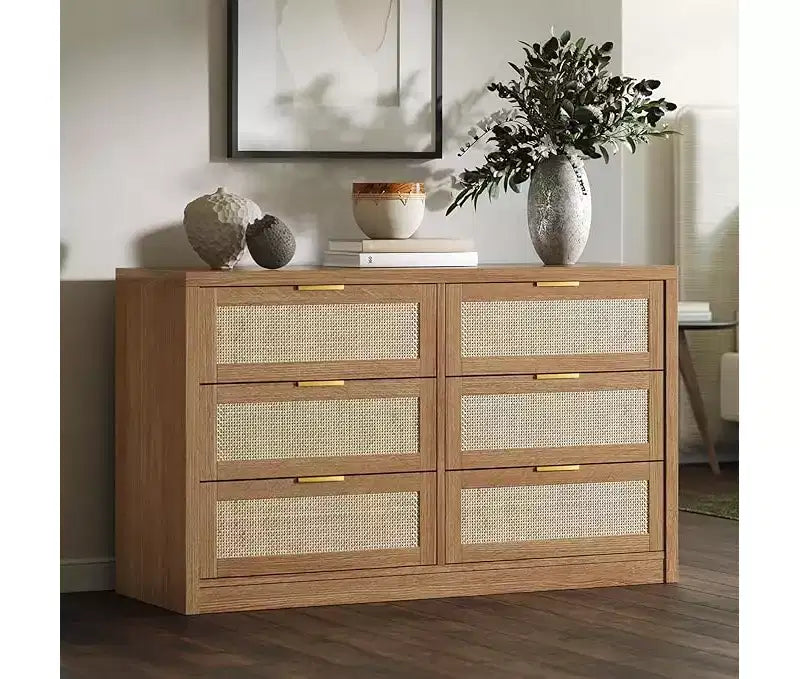 Commode à 6 tiroirs pour chambre, commode large en rotin, en bois avec poignées dorées, meuble TV de ferme, table d'entrée, commode moderne pour la pièce