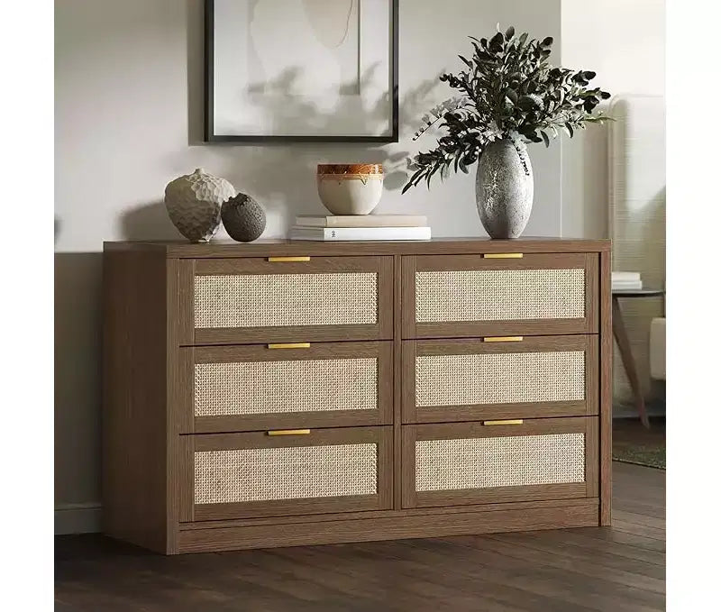 Commode à 6 tiroirs pour chambre, commode large en rotin, en bois avec poignées dorées, meuble TV de ferme, table d'entrée, commode moderne pour la pièce