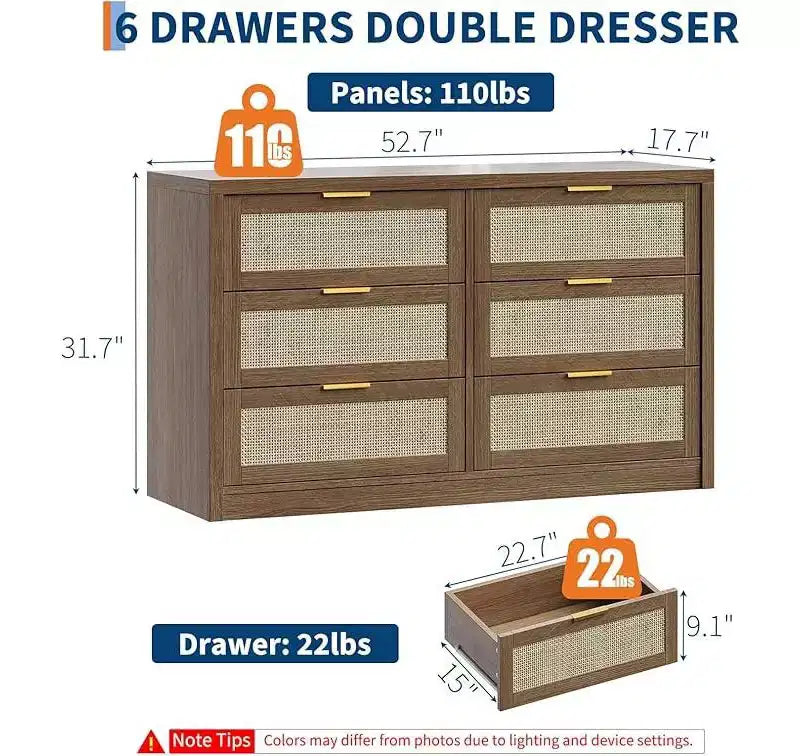 Commode à 6 tiroirs pour chambre, commode large en rotin, en bois avec poignées dorées, meuble TV de ferme, table d'entrée, commode moderne pour la pièce