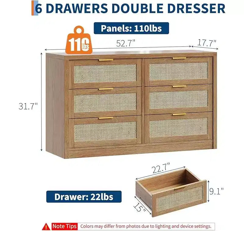 Commode à 6 tiroirs pour chambre, commode large en rotin, en bois avec poignées dorées, meuble TV de ferme, table d'entrée, commode moderne pour la pièce
