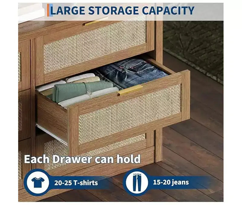 Commode à 6 tiroirs pour chambre, commode large en rotin, en bois avec poignées dorées, meuble TV de ferme, table d'entrée, commode moderne pour la pièce