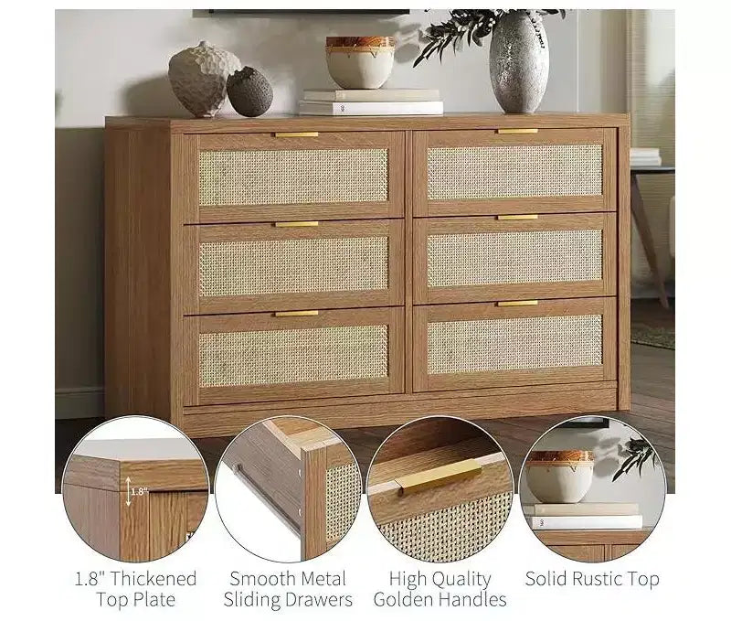 Commode à 6 tiroirs pour chambre, commode large en rotin, en bois avec poignées dorées, meuble TV de ferme, table d'entrée, commode moderne pour la pièce