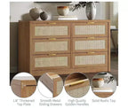 Commode à 6 tiroirs pour chambre, commode large en rotin, en bois avec poignées dorées, meuble TV de ferme, table d'entrée, commode moderne pour la pièce