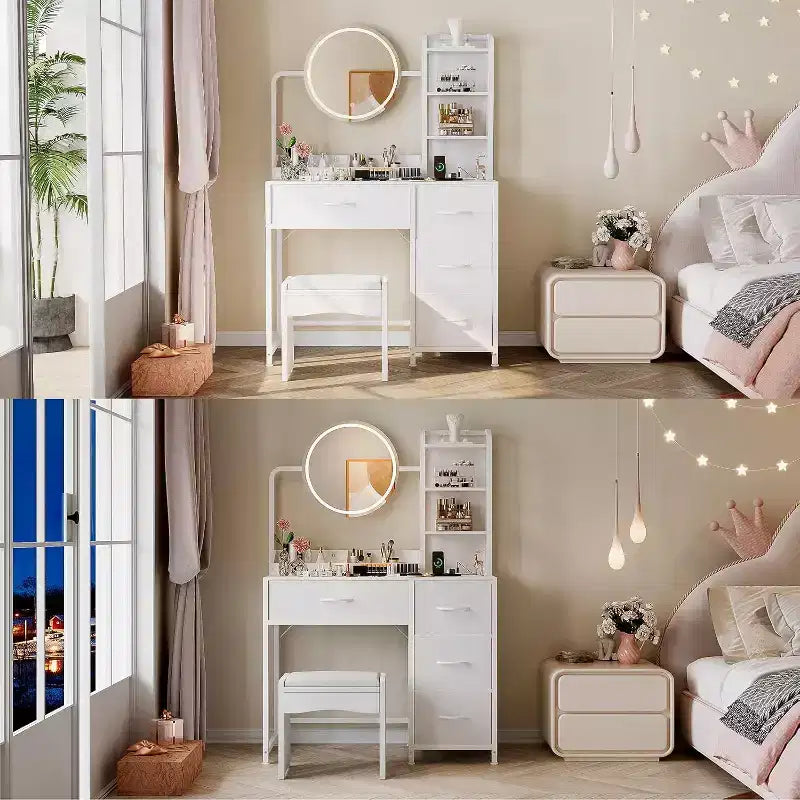Coiffeuse avec miroir et lumières, Coiffeuse noire avec station de charge et tabouret, Grande coiffeuse avec 4 tiroirs, Table de maquillage