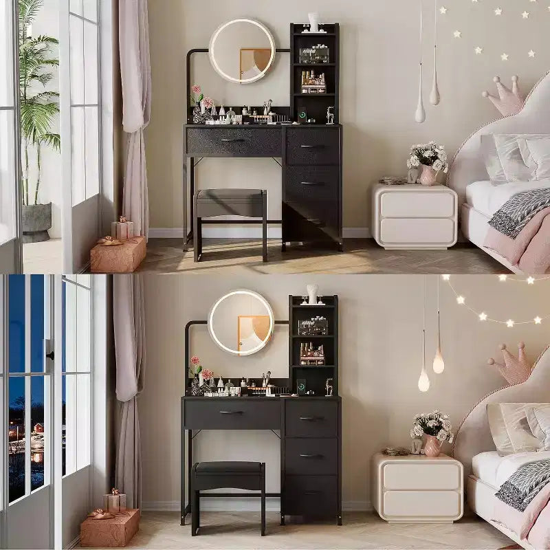 Coiffeuse avec miroir et lumières, Coiffeuse noire avec station de charge et tabouret, Grande coiffeuse avec 4 tiroirs, Table de maquillage