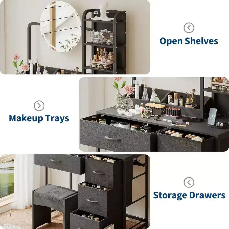 Coiffeuse avec miroir et lumières, Coiffeuse noire avec station de charge et tabouret, Grande coiffeuse avec 4 tiroirs, Table de maquillage